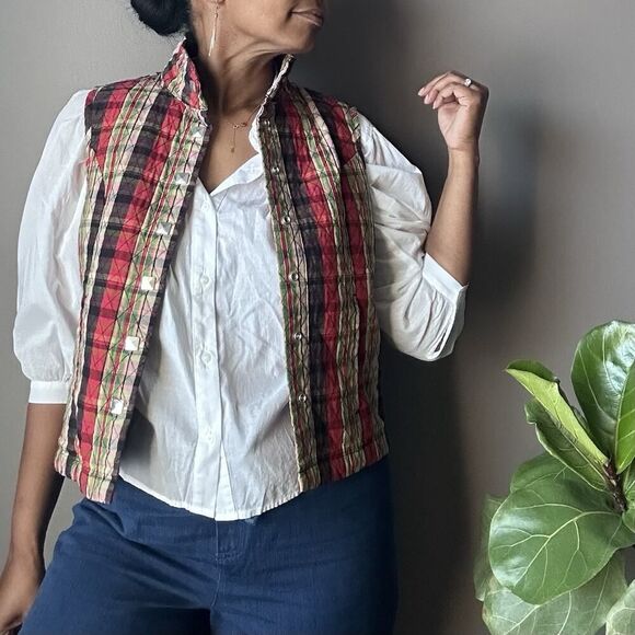 Christopher & Banks Quilted Plaid Snap Up Vest Red Multi Women's Size Medium - Picture 2 of 13